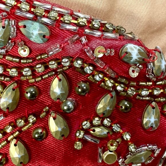 Elegant Beaded Red Satin Mermaid Larissa Gown Spaghetti Straps Flared Hem Size 6 - Picture 6 of 15